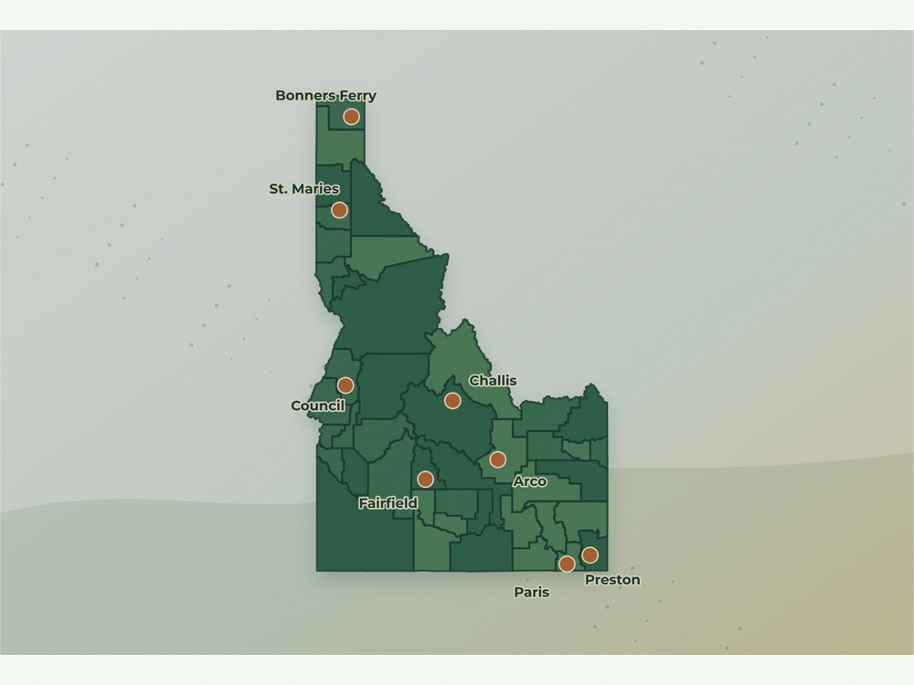 Accurate Idaho land service area map showing Council, Paris, St. Maries, Bonners Ferry, Arco, Fairfield, Challis, and Preston